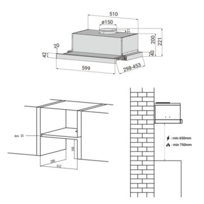 Hotte tiroir encastrable 60cm 391m3/h 2 vitesses téléscopique évacuation ou recyclage noir Ciarra CD6906DB