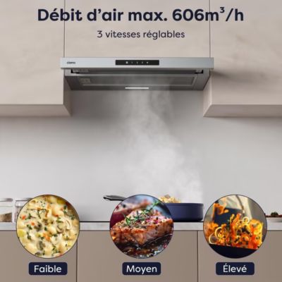 Hotte tiroir encastrable 60cm 606m3/h 3 vitesses tactile évacuation ou recyclage inox Ciarra CD6909AS