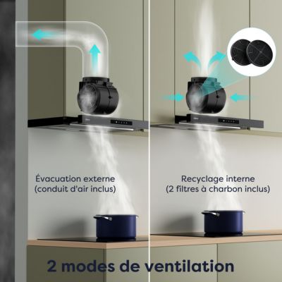 Hotte tiroir encastrable 60cm 606m3/h 3 vitesses tactile évacuation ou recyclage noir Ciarra CD6909AB