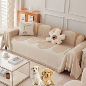 Housse de canapé en chenille double face, housse de canapé à pompons antidérapants à lignes géométriques (beige 180 x 230 cm)