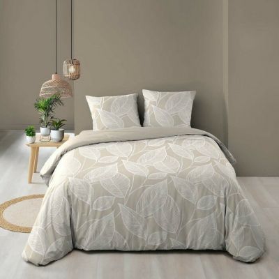 Housse de couette 240 x 220 cm coton 57 fils imprimé feuillage AMANDA Naturel + 2 taies