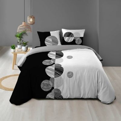 Housse de Couette 260 x 240 cm + 2 Taies 100 % Coton 57 Fils Stormi Noir et Blanc