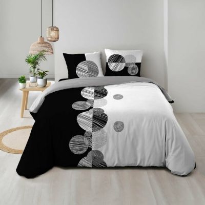 Housse de Couette 260 x 240 cm + 2 Taies 100 % Coton 57 Fils Stormi Noir et Blanc