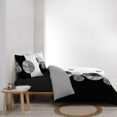Housse de Couette 260 x 240 cm + 2 Taies 100 % Coton 57 Fils Stormi Noir et Blanc