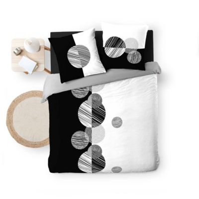 Housse de Couette 260 x 240 cm + 2 Taies 100 % Coton 57 Fils Stormi Noir et Blanc