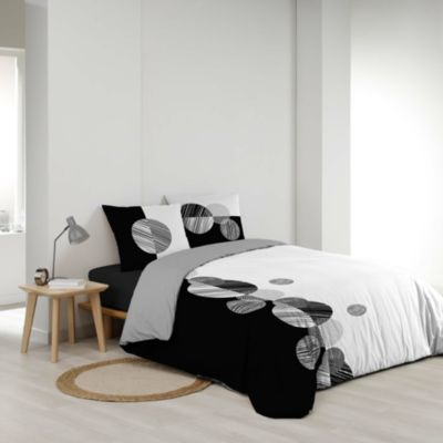 Housse de Couette 260 x 240 cm + 2 Taies 100 % Coton 57 Fils Stormi Noir et Blanc