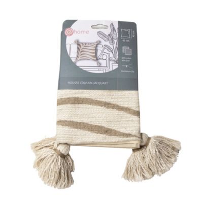 Housse de coussin jacquard beige et blanc avec pompons l.45 x L.45cm