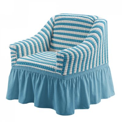 Housse de fauteuil extensible, 1 pièce, universelle, en tissu seersucker, avec volants, pour salon (rayé bleu)