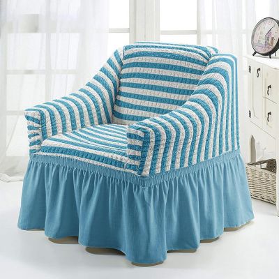 Housse de fauteuil extensible, 1 pièce, universelle, en tissu seersucker, avec volants, pour salon (rayé bleu)