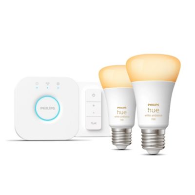 Hue White ambiance kit de démarrage Philips Hue : 2 ampoules connectées IP20 A60 E27 1100lm 11W + bridge