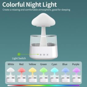 Humidificateur nuage de pluie, jolie veilleuse champignon en 7 couleurs, fontaine de table, son d'eau qui coule (blanc)