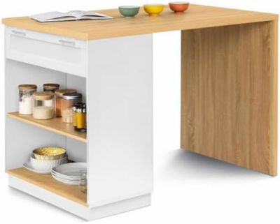 Ilot Central 130 cm Mange Debout 4 Personnes Blanc et Plateau Bois