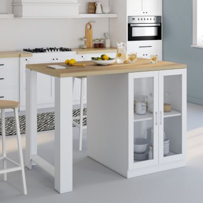 Ilot central LINO 120 cm 2 personnes bois blanc et plan de travail façon hêtre et portes vitrées