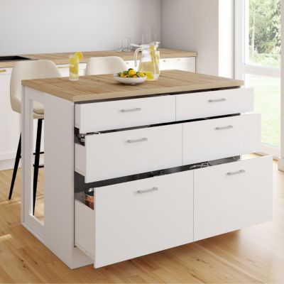 Ilot central mange-debout ORSO 120 cm casserolier 6 tiroirs blanc avec plan de travail façon hêtre