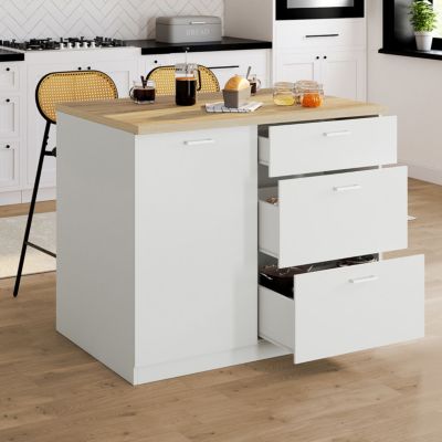 Ilot central TIBO 110 cm casserolier 3 tiroirs bois blanc avec plan de travail façon hêtre
