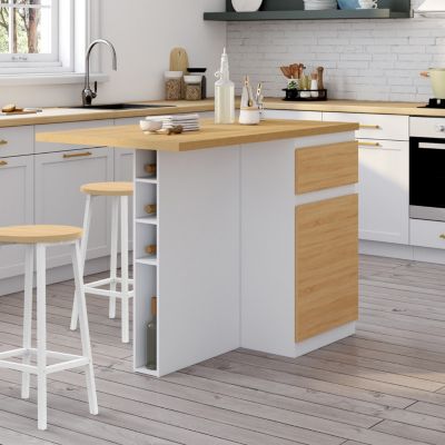 Ilot central TINO 120 cm avec range-bouteilles 4 personnes bois blanc avec plan de travail façon hêtre