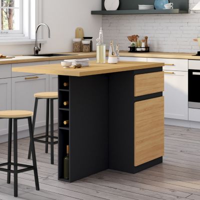 Ilot central TINO 120 cm avec range-bouteilles 4 personnes bois noir avec plan de travail façon hêtre