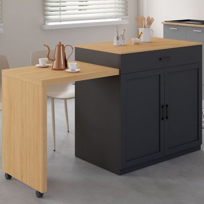 Ilot central VITO 94-155 cm bois noir avec table à manger extensible intégrée façon hêtre
