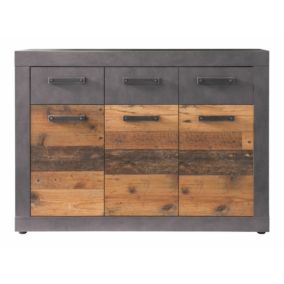 INDY - Commode avec 3 tiroirs en mélaminé coloris gris ciment portes bois effet vieilli. L - H - P : 117 - 86 - 37 cm.