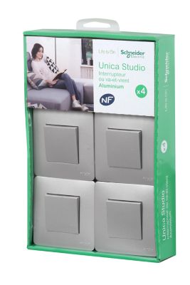 Interrupteur va-et-vient complet Schneider Electric Unica Déco aluminium, lot de 4