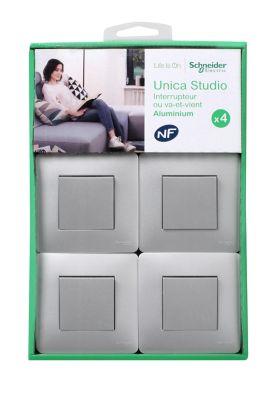 Interrupteur va-et-vient complet Schneider Electric Unica Déco aluminium, lot de 4