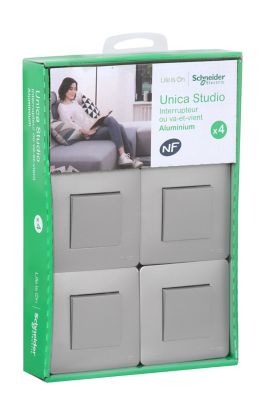 Interrupteur va-et-vient complet Schneider Electric Unica Déco aluminium, lot de 4