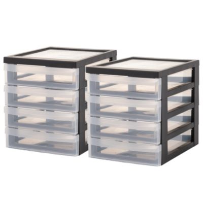 Iris Ohyama, Tour de rangement Plastique Bureau A5, 4 Petits Tiroirs, Lot de 2, Noir, DC-A5