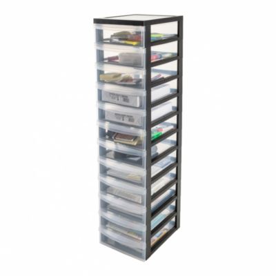 Iris Ohyama, Tour de rangement plastique sur roulettes A4, 12 Petits Tiroirs, Noir, DC-012