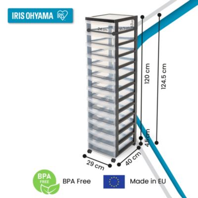 Iris Ohyama, Tour de rangement plastique sur roulettes A4, 12 Petits Tiroirs, Noir, DC-012
