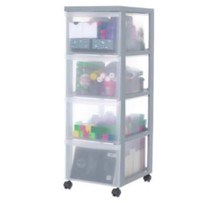 Iris Ohyama, Tour de rangement plastique sur roulettes A4, 4 Grands Tiroirs, Gris, BC-304