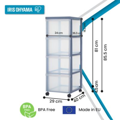 Iris Ohyama, Tour de rangement plastique sur roulettes A4, 4 Grands Tiroirs, Gris, BC-304