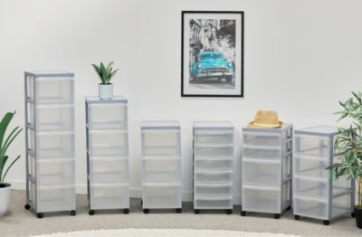 Iris Ohyama, Tour de rangement plastique sur roulettes A4, 4 Grands Tiroirs, Gris, BC-304