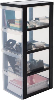 Iris Ohyama, Tour de rangement plastique sur roulettes A4, 4 Grands Tiroirs, Noir, DC-304