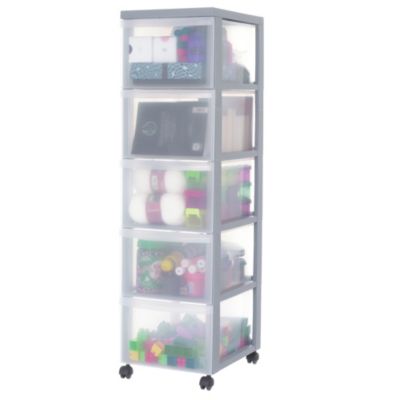 Iris Ohyama, Tour de rangement plastique sur roulettes A4, 5 Grands Tiroirs, Gris, DC-305