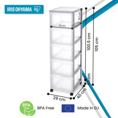 Iris Ohyama, Tour de rangement plastique sur roulettes A4, 5 Grands Tiroirs, Gris, DC-305