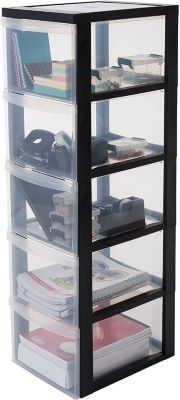 Iris Ohyama, Tour de rangement plastique sur roulettes A4, 5 Grands Tiroirs, Noir, DC-305