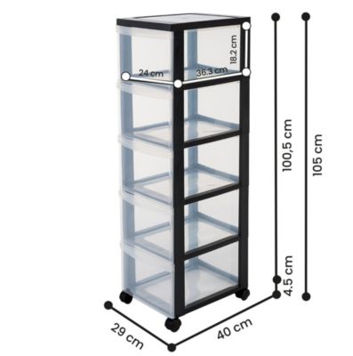Iris Ohyama, Tour de rangement plastique sur roulettes A4, 5 Grands Tiroirs, Noir, DC-305