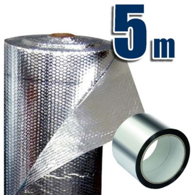 Isolant Thermique 100% aluminium et bulles (5 x 0,6m) + Ruban Aluminium 10m - Isole coffres de volets, radiateurs, caravanes...