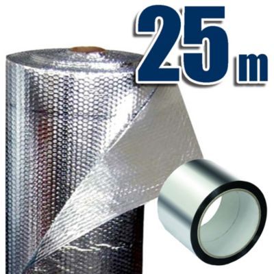 Isolant thermique 100% aluminium et filmé à bulles (25 x 1,20m) + 45m ruban. Froid et chaleur: Maison, caravane, radiateur, garage