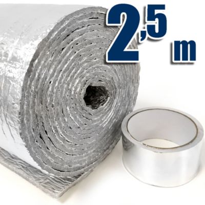 Isolation thermique 100% aluminium avec mousse (2,5m x 1,20m) + ruban aluminium (10m). Pour maison, portail, radiateur, caravanes