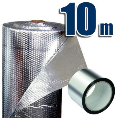 Isolation thermique 100% aluminium et bulles (10 x 1,20m) + Ruban aluminium. Pour froid et chaleur : maisons, caravanes, garages