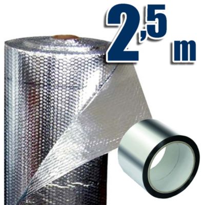 Isolation thermique 100% aluminium et bulles (3m² : 2,5 x 1,2m) + 10m de ruban aluminium.Pour maisons, fourgons, garages, toits