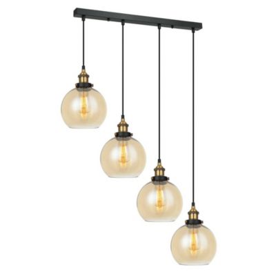 Italux Cardena - Suspension Industrielle Et Rétro Noir, Or 4 Lumières avec Abat-Jour Ambré, E27 Dimmable