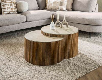 Jade - lot de 2 tables basses gigognes effet travertin - pieds en bois massif de manguier - 60 cm - Lisa Design