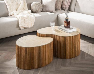 Jade - lot de 2 tables basses gigognes effet travertin - pieds en bois massif de manguier - 93 et 76 cm - Best Mobilier