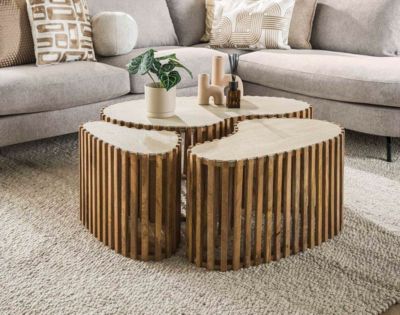 Jade - lot de 3 tables basses gigognes effet travertin - pieds en bois massif de manguier - 90, 70 et 50 cm - Lisa Design