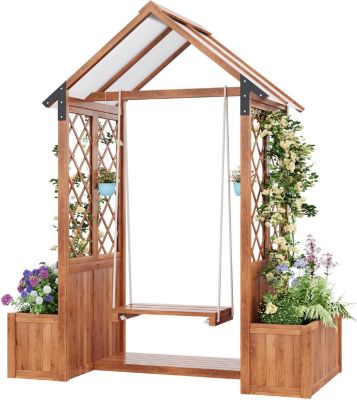 Jardinière en bois avec treillis pour plantes grimpantes, bac à fleurs avec toit en polycarbonate, marron
