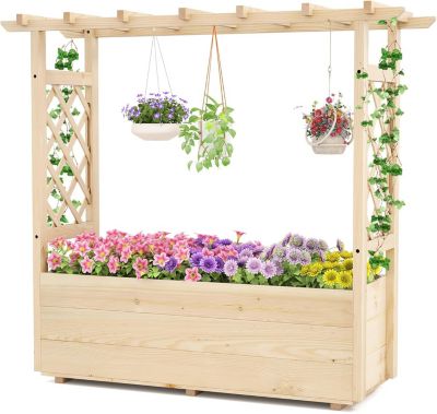 Jardinière Surélevée avec Treillis en Bois Massif, Toit Suspendu pour Vigne, Trou de Drainage pour Fruits, Fleurs (115x40x103cm)