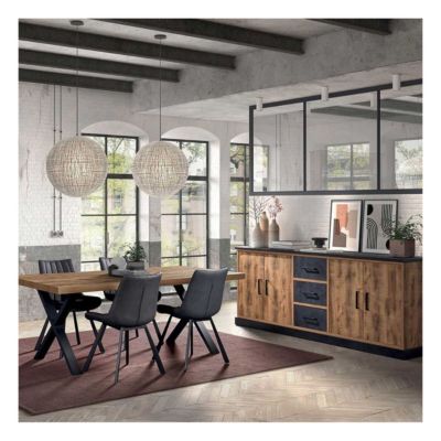 JENNA - Ensemble Table 200cm + Buffet 4 Portes Aspect Bois et Métal