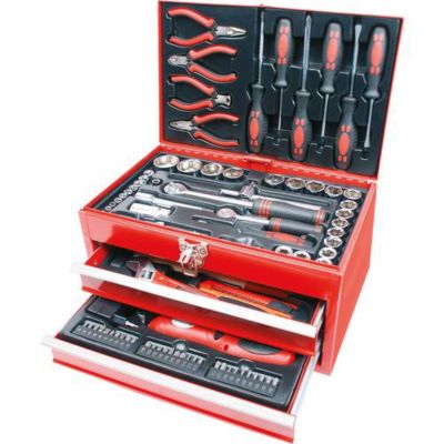 Jeu d'outils Brüder Mannesmann M29066 156 pièces - coffret acier rouge avec visseuse 3,6 V
